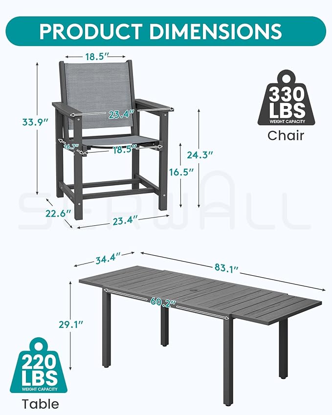 SERWALL 9-Piece Outdoor Dining Set, 60" - 83" Expandable Patio Dining Table with 6 Breathable Textilene Chairs, All Weather HDPE Patio Furniture Set for Backyard, Garden, Grey SERWALL