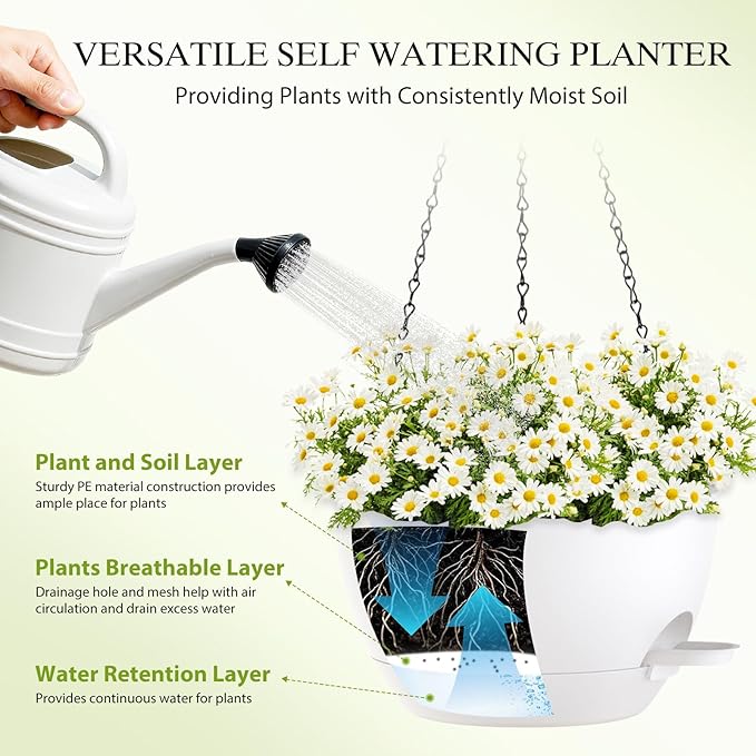 10 Inch Hanging Baskets 2 PC with Chains, Self-Watering Hanging Planters for Indoor Outdoor Plants, Plastic Hanging Flower Pots,White SQKH