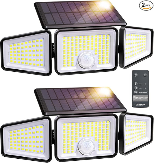 Ensenior Solar Lights Outdoor Motion Sensor, 2600LM 220 LED High Brightness, 3 Head 270° Wide Angle Flood Lights, Remote Control Security Lights 4 Modes, IP65 Waterproof Wireless Wall Light, 2 Pack Ensenior