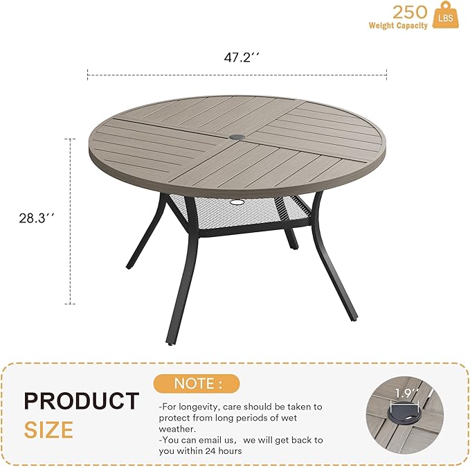 VICLLAX Round Patio Table with Adjustable Umbrella Hole for 6, All Weather Metal Outdoor Dining Table for Lawn Garden, 47.2" Outdoor Coffee Table, Grey Wood-Like Tabletop HOME