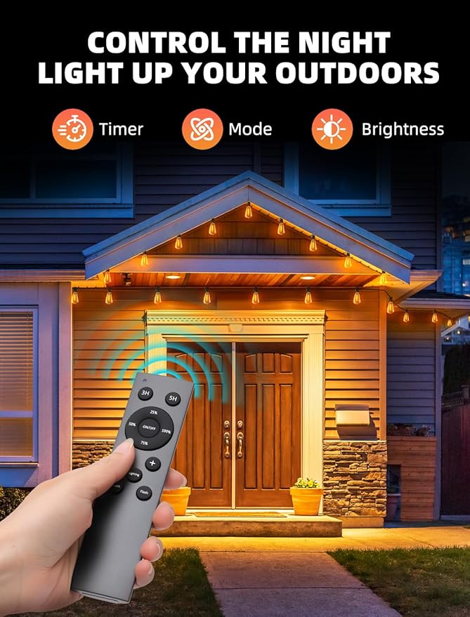 Outdoor Patio String Lights: 50Ft 15M Outside Waterproof Light - Remote Dimmable ST38 Shatterproof Bulb Connectable Hanging Outdoor Electric Lighting - Backyard Yard Gazebo Porch Party Vozuji