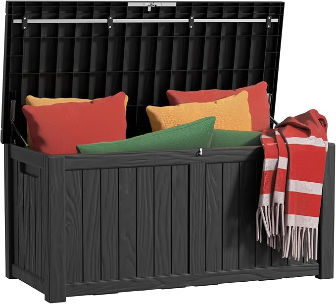EasyUp 150 Gallon Outdoor Storage Box, Resin Waterproof UV-Resistant Deck Box with Hydraulic Lid Support, Reinforced Stability for Patio, Garden, and Poolside, Black EASYUP