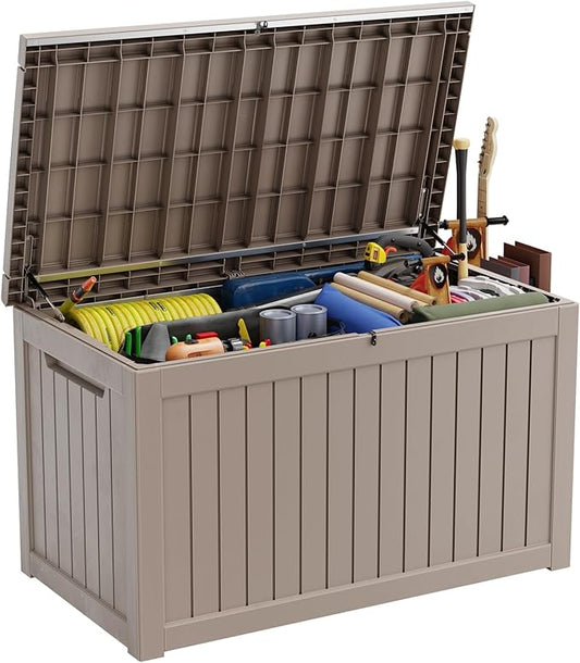 ROJIK Outdoor Storage Housing Deck Box - Waterproof Patio Furniture, Garden Tools, Cushions, Pool Accessories Storage Bench with Lockable Lid and Side Handles (Grey, 275 Gal) ROJIK