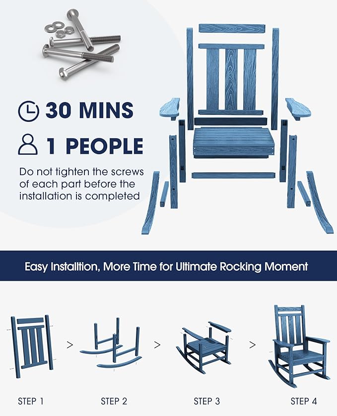 KINGYES Oversized Outdoor Rocking Chair Set of 2, All-Weather Patio Rocking Chairs for Porch, HDPE Outdoor Patio Rockers with High Back & Wide Seat for Garden, Lawn, Blue KINGYES
