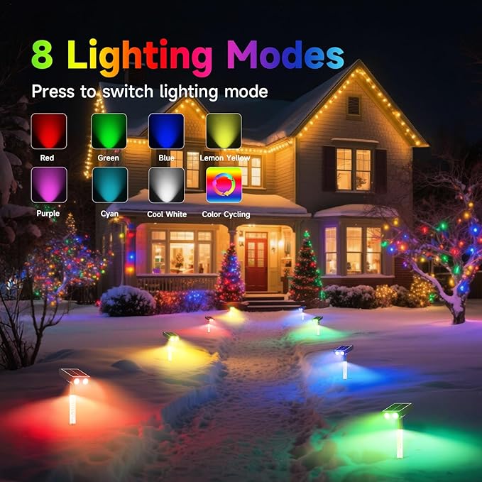 Color Changing Solar Spot Lights Outdoor with PC Light Guide Column, 8 Lighting Modes Christmas Landscape Spotlights, IP65 Waterproof RGB Solar Spotlights for Garden Yard Tree Pathway, 12Pack Rootora