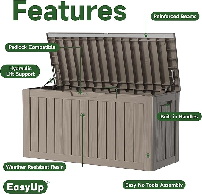 EasyUp 80 Gallon Resin Deck Box Storage Outdoor Waterproof Boxes Lockable UV Resistant Container for Patio Furniture Cushions Pool Supplies Garden Tool, Equipment Outside Storage Delivery, Gray EASYUP