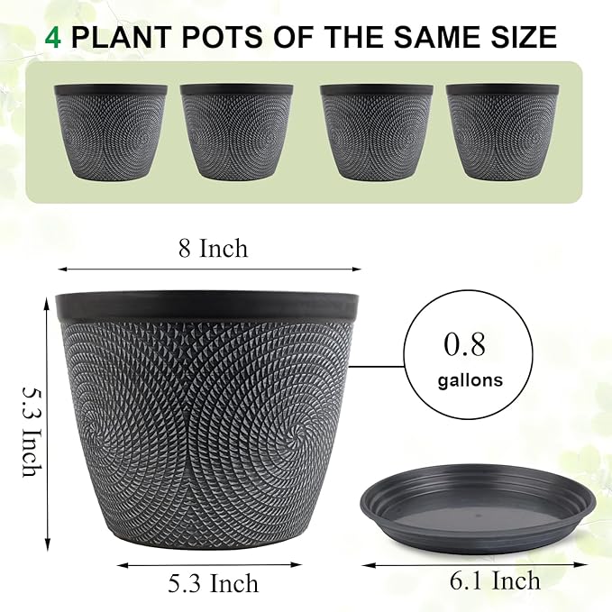 Quarut 4 Pack 8 Inch Flower Pots Planters for Outdoor Indoor, Plastic Plant Pots with Drainage Hole & Tray, Modern Decorative Garden Pot with Saucer, planters for House (Gray) Quarut