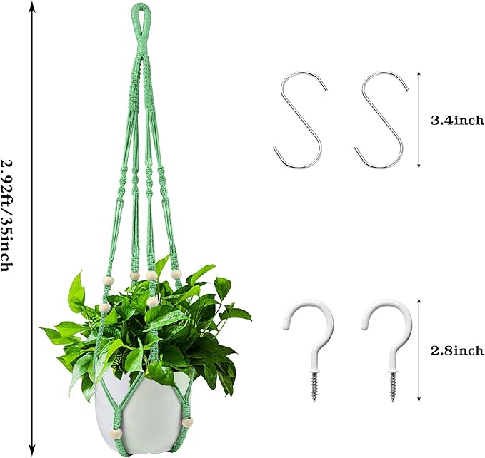 Augshy Macrame Plant Hangers Green Hanging Planters for Indoor Outdoor Home Decor, Hanging Plant Holder No Tassels Set of 2 with 4 Hooks Augshy