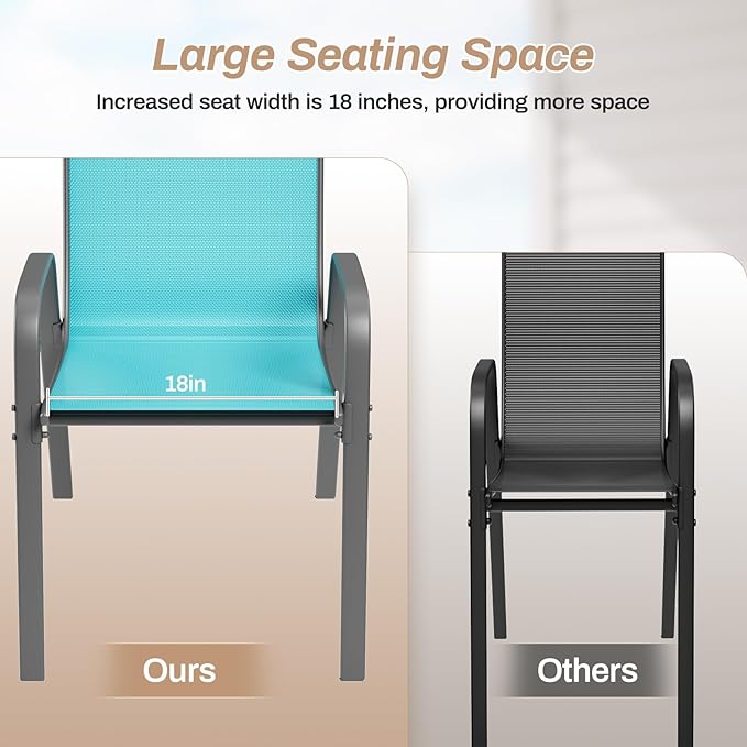 TLSUNNY Patio Chairs, Stackable Textilene Outdoor Dining Furniture for All Weather, with 17.7″ Wide Seat & Metal Frame, for Garden, Backyard, Deck, Restaurant, Poolside (8, Turquoise Blue, 26.4″) TLSUNNY