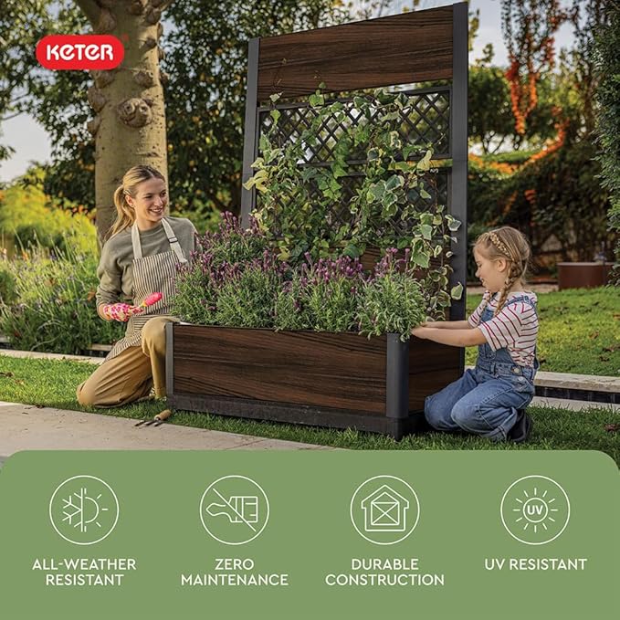 Keter Outdoor Planter Box with Privacy Screen and Trellis – 26 Gallon Raised Garden Bed for Climbing Plants & Flowers – Wood-Look Resin, Weather-Resistant Divider for Patio, Balcony & Backyard Keter