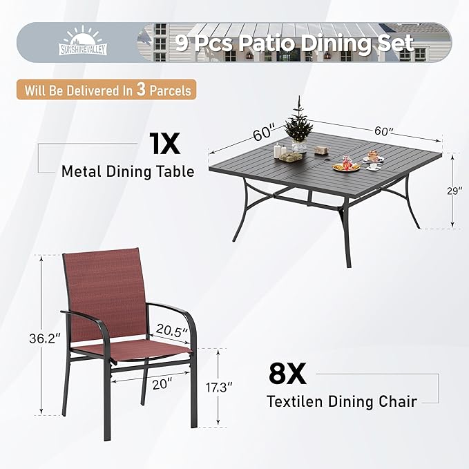 Patio Dining Set for 8, 60" x 60" Square Metal Table with Umbrella Hole, 8 x Stable Dining Chairs, Outdoor Table and Chairs Set for Lawn Backyard and Deck, Red SUNSHINEVALLEY
