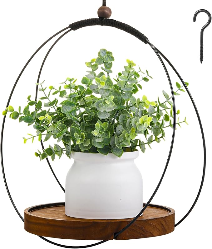 1 Pack Hanging Planters for Indoor Black Plant Hanger with Round Wood Base Large Indoor Hanging Plant Shelf Boho Holder Gift for Mom,housewarming (Round) Threehoney