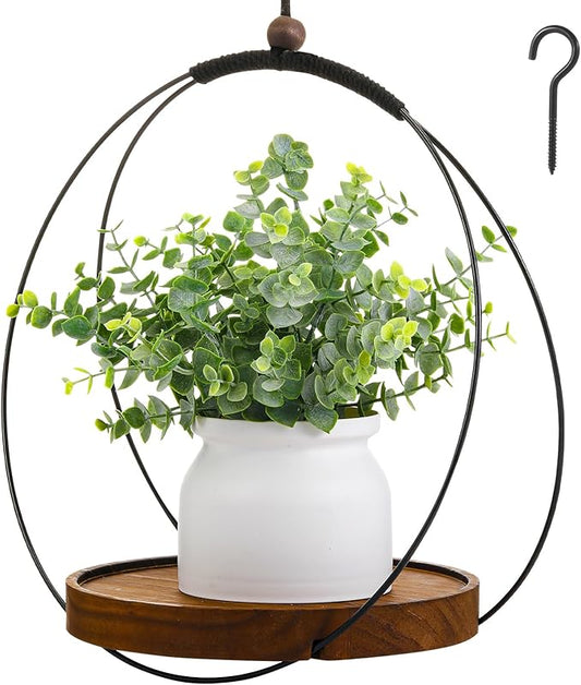 1 Pack Hanging Planters for Indoor Black Plant Hanger with Round Wood Base Large Indoor Hanging Plant Shelf Boho Holder Gift for Mom,housewarming (Round) Threehoney