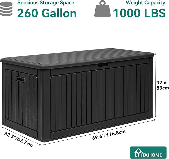 YITAHOME 260 Gallon Large Deck Box with Divider & Side Handles, Outdoor Double-Wall Storage for Patio Furniture Cushions, Garden Pool Accessories, Water Resistant & Lockable YITAHOME
