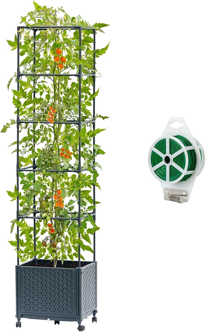 Raised Garden Bed with Tomato Planter Cage, 67.6" Trellis Planter Boxes with Wheels for Outdoor Patio Greenhouse Gardening Climbing Vegetables MakeYourGardenBeautiful