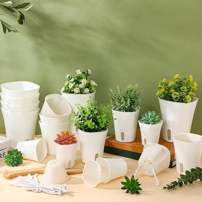 18 Pcs Self Watering Pots Plastic Plant 3 Sizes Flower Plant Pot with Inner White Flower Pots for Indoor House Plants Plastic Self Watering Pot for Herbs Flowers Ziliny