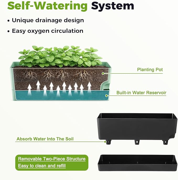 Self Watering Pots for Indoor Plants 17 Inches Window Boxes Planters Rectangular Flower Pots Rectangle Herb Pots Large Plant Pots with Drainage Holes and Saucers Windowsill Planter (4, Black) KvyusFlourish