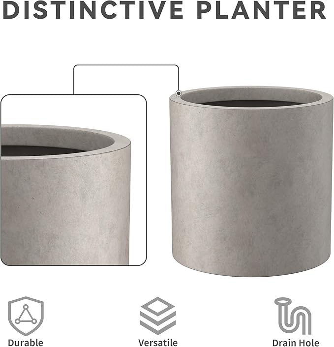 Kante 9.8" Dia Round Concrete Planter, Modern Style Large Cylindrical Plant Pot with Drainage Hole and Rubber Plug for Indoor Outdoor Patio, Weathered Concrete Kante