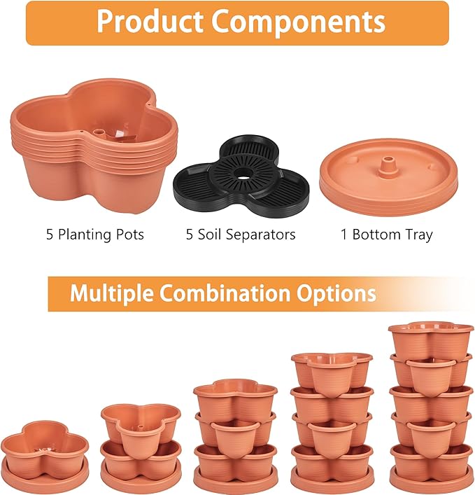 VECELO 5 Tier Vertical Garden Planter, Self Watering Stackable Planters with Wheels for Strawberries, Herbs, Flowers, Vegetables, Red VECELO