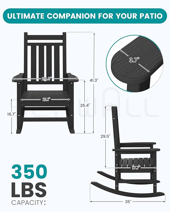 SERWALL HDPE Outdoor Rocking Chair Set of 6, Patio Rocking Chairs for Adults, All Weather Outdoor Rockers for Lawn, Black SERWALL