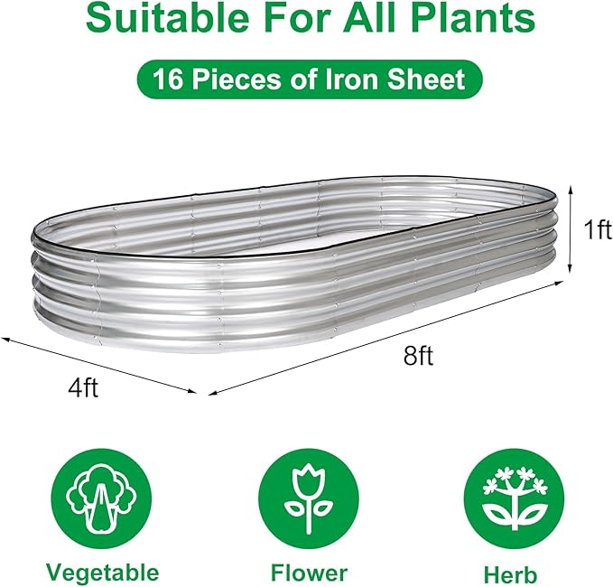 JERIA 8×4×1ft Oval Raised Garden Bed,Galvanized Raised Garden Bed Kit Outdoor Metal Gardening Planter Box for Vegetable, Fruits, Flower，Herbs JERIA