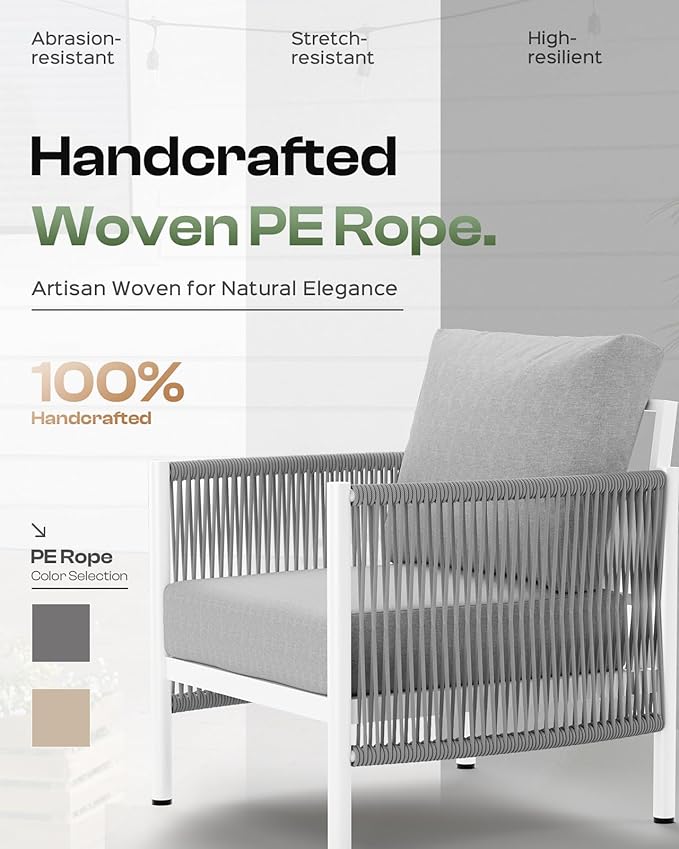Aluminum Outdoor Patio Furniture Set with Dual-Layer Coffee Table, 4 Piece Modern Patio Conversation Sets with PE Rope, Outdoor Sectional Sofa with Thick Cushions for Balcony, Porch, White Oasbira