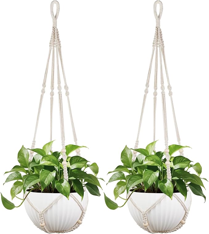 Mkono 43 Inch Macrame Plant Hanger Large for up to 12 Inch Pot Extra Long Hanging Plant Holder No Tassels Hanging Planter Basket with Wood Beads for Indoor Outdoor Boho Home Decor, Ivory, Set of 2 Mkono
