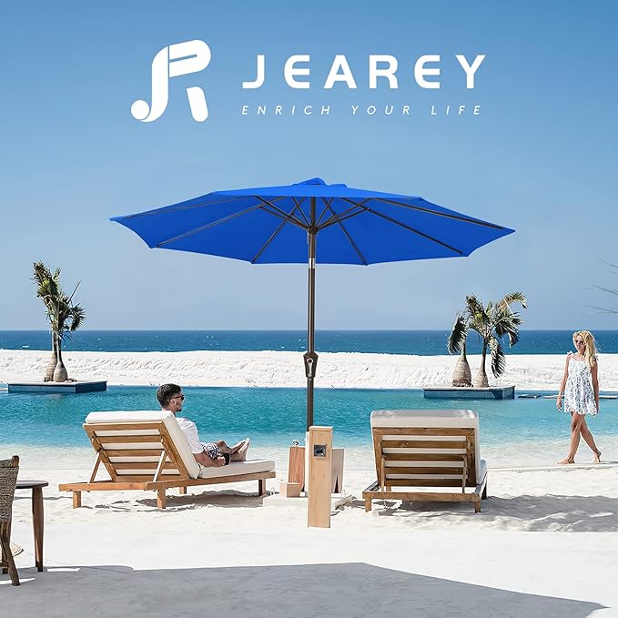 JEAREY 9FT Outdoor Patio Umbrella Outdoor Table Umbrella with Push Button Tilt and Crank, Market Umbrella 8 Sturdy Ribs UV Protection Waterproof for Garden, Deck, Backyard, Pool (Royal Blue) JEAREYOutdoorsCollection