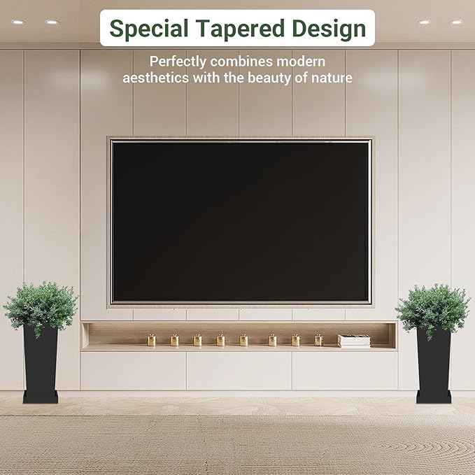 Tall Planters 18" H - 2 Pack, Tapered Pots with Drainage Insert Shelve & Trays, Metal Outdoor Planter Box for Porch, Garden, Patio, Yard (Black) Toriexon