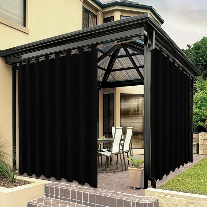 BONZER Extra Wide Waterproof Outdoor Curtains for Patio Heavy Privacy Light Filtering Grommet Outside Curtains for Porch, Pergola, Gazebo, 1 Panel, 150W x 108L inch, Black Bonzer