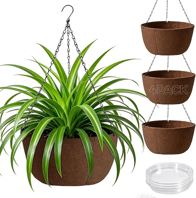 T4U Hanging Planters for Outdoor Plants, 12 Inch 4 Pack Fabric Hanging Baskets with Drainage Tray, Decorative Hanging Pots for Plants Outdoor Patio Porch Garden Use（Brown） T4U