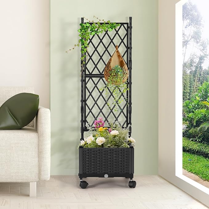 Planter Box with Trellis, 4ft Tall Self-Watering Plastic Raised Garden Beds and Lattice Trellis with Lockable Wheels & Drain Plug for Outdoor Patio Backyard Balcony, Black, 1 Pc follook