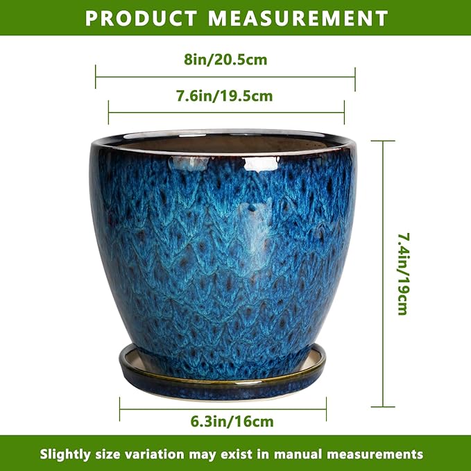 8 Inch Ceramic Planter Pot with Drainage Hole and Saucer, Ceraimc Plant Pot Round Flower Pot for Indoor Plants Outdoor Garden Planter, Blue EPFamily