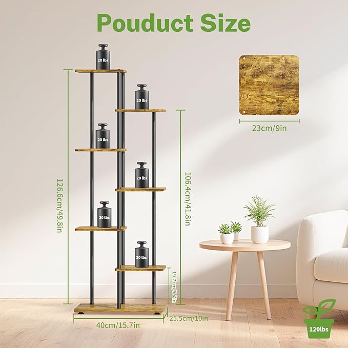 iDavosic.ly 6 Tier Tall Plant Stand Indoor, Tiered Corner Metal Wood Multiple Flower Holder Shelf, 50 Inch Orchid Display Rack for Patio Porch Living Room Balcony Outdoor, Modern Black & Rustic Brown iDavosicly