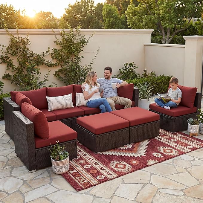 NICESOUL 29.3'' High Back Wicker Patio Furniture Set for 8 Person, Extra Big Outdoor Modular Sectional with Ottoman, Deep Seated Relax Conversation Sets for Backyard Deck, Brown and Red NICESOUL