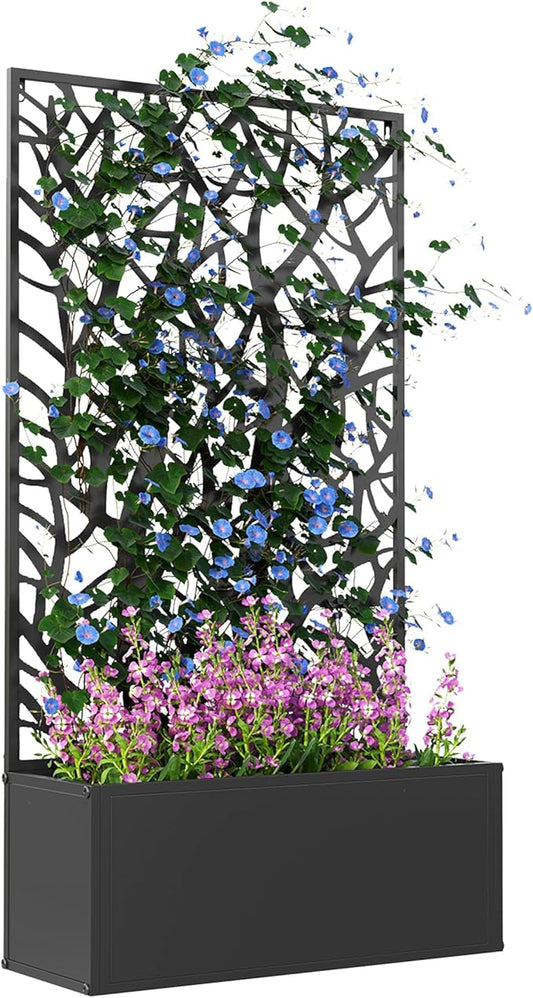 Outsunny Metal Raised Garden Bed with Trellis for Climbing Plants, Freestanding or Wall Mounted Flower Bed with Privacy Panel, Two Big Tree Cut-Outs Outdoor Planter Box for Garden, Patio, Balcony Outsunny
