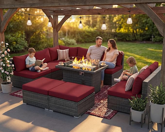 NICESOUL Backyard Furniture Set with Firepits Natural Gas/Propane, 9 Seater XL Oversized Wicker Sectional Couches, 29.3'' High Back Comfy Deep Wide Outdoor Patio Sofa Set, 2 Color Cushion Red & Gray NICESOUL