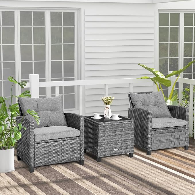 Tangkula 3 Pieces Patio Furniture Set, Outdoor PE Rattan Conversation Chair Set with Tempered Glass Side Table and Removable Cushions, PE Wicker Chairs and Table Set for Porch, Balcony and Garden TANGKULA
