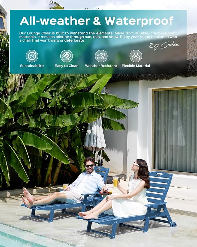 Ciokea Lounge Chair Outdoor, Oversized Chaise Lounge Chair with 5 Positions, HDPE, Patio Lounge Chair with Wheels & Cup Holder for Pool, Deck, Poolside, Azure Blue CIOKEA