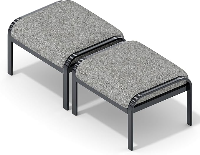HOMREST Metal Outdoor Ottoman, 3-Piece Aluminum Footstool w/Removable Cushion, Multipurpose Footrest Stool with Coffee Side Table Additional Seating, Set of 3 Outdoor Ottomans for Patio Deck (Grey) HOMREST