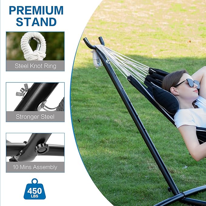 PNAEUT Double Hammocks with Stand for Outside, Portable Space Saving Heavy-Duty Steel Stand for Indoor Outdoor Patio with Carrying Bag, 450 lbs Capacity (Chasm) PNAEUT