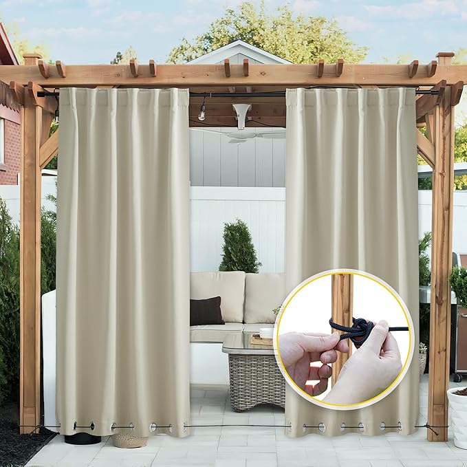 NICETOWN 2 Panels Waterproof Outdoor Curtains Fixed Grommet & Back Tab on Top & Bottom, Thermal Insulated Keep Rain & Sun Out Privacy Windproof Outdoor Draperies with Rope, W52 x L72, Beige NICETOWN