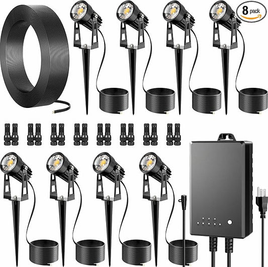 All-in-One Outdoor Low Voltage Landscape Lighting Kit, LED Landscape Spot Lights with 60W Transformer and 65FT Wire, Waterproof Outside Spotlights for Yard, Garden, Tree, Pathway, House, 3000K, 8 Pack AUDERWIN