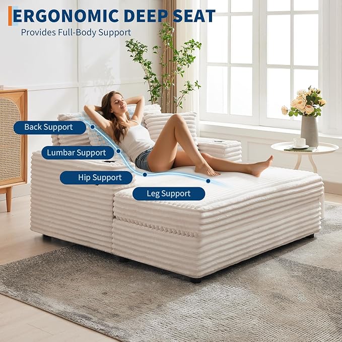 GarveeHome 60-inchOversized Chaise Lounge Chair Indoor, Comfy Corduroy Lounge Sofa with Charging Station, Cup Holders & Throw Pillows, Cozy Sleeper Couch for Living Room Apartments, Beige GarveeHome