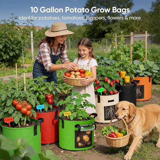 10 Gallon Potato Grow Bags: Set of 5 Colorful Gardening Supplies Fabric Pots with Harvest Window Reinforced Handles - Planting Container for Vegetable Tomatoes Carrot Flowers Balcony Patio Use NESSTU