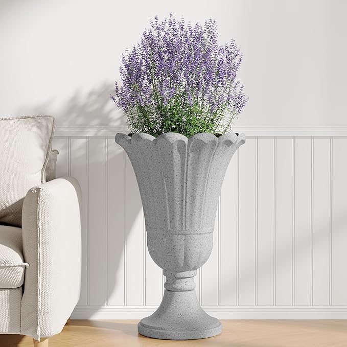 23" Tall Planters for Outdoor Plants Set of 2, Planter with Drainage Holes and Petal Design, Large Outdoor Planters for Porch, Garden, Indoor, Grey Rootora