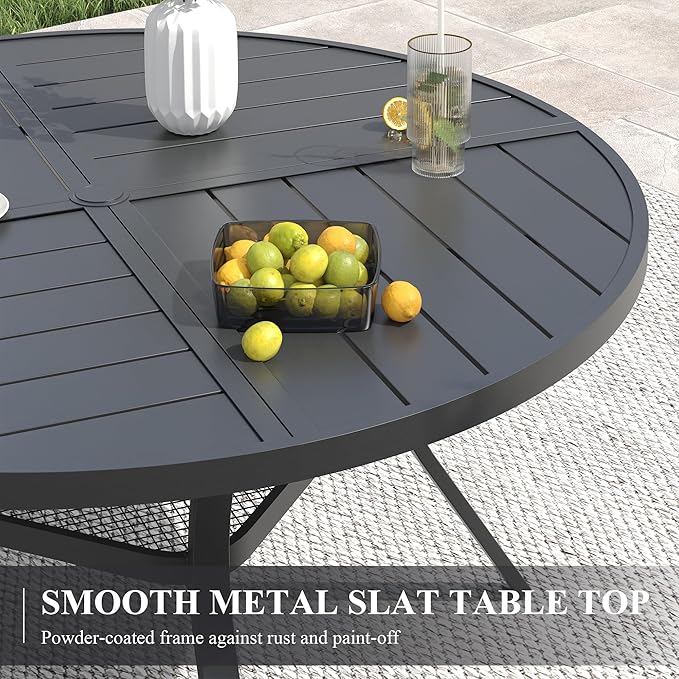 VICLLAX Patio Dining Set for 6, All Weather Metal Outdoor Furniture Set Includes 47" Round Patio Table and 6 Patio Stacking Chairs, Black Tabletop and Brown Fabric HOME