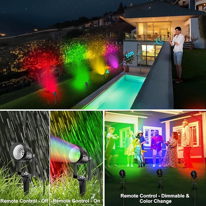 1500LM LED High Brightness Outdoor Landscape Lighting 15W RGBCW Color Changing Landscape Lights Remote Control Spot-Lights with Plug in IP66 Waterproof Flood Light for Garden - 4 Pack LEACOCO