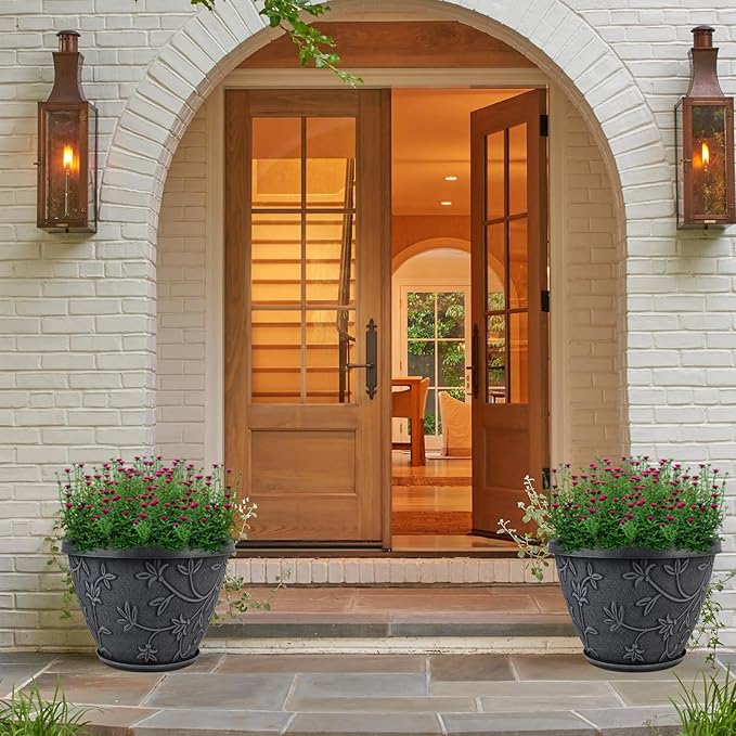 4 Pack 16 Inch Large Plant Pot for Outdoor, Plastic Flower Pot Indoor with Drainage Hole & Saucer, Modern Decorative Garden Pot, Imitation Magnolia Garden Pots for House Planters（Gray） Nooulap