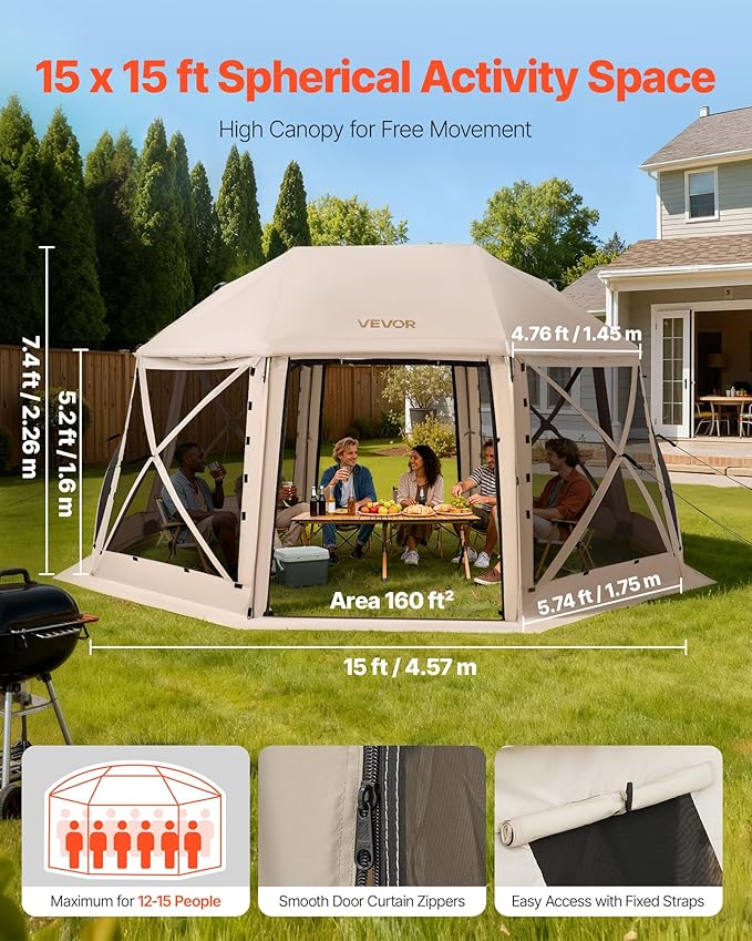 VEVOR Pop up Gazebo Screen Tent, 15 x 15 ft, 13-Sided Spherical Camping Canopy Tent with Removable Top & Carry Bag, Quick-Set & Bite-Proof, Screen House Sun Shelter for 12-15 Persons, Beige VEVOR